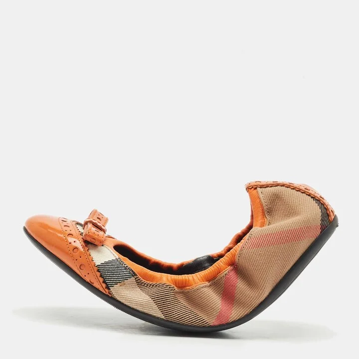 Burberry Brown/Yellow Leather and Nova Check Canvas Scrunch Ballet Flats Size 36.5