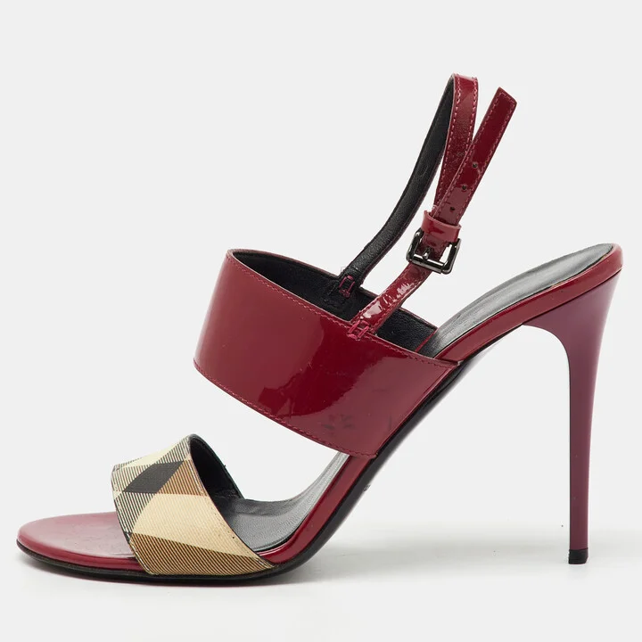 Burberry Burgundy/Beige Patent Leather and Check PVC Slingback Sandals Size 38