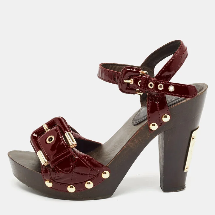 Burberry Burgundy Quilted Patent Leather Buckle Detail Platform Slingback Sandals Size 38
