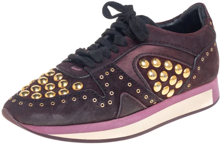 Burberry Burgundy Suede And Satin Studded Low Top Sneakers Size 38
