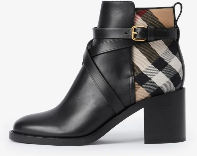 Burberry Check and Leather Heel Boots Size: 35 - Image 2