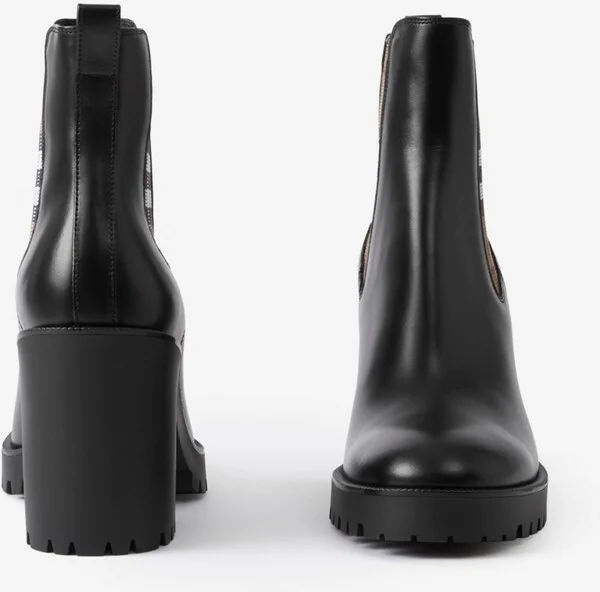 Burberry Check Panel Leather Ankle Boots Size: 35 - Image 4