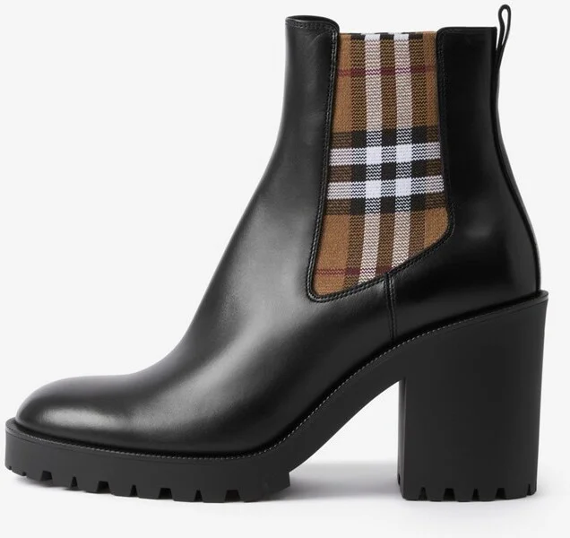 Burberry Check Panel Leather Ankle Boots Size: 35 - Image 5