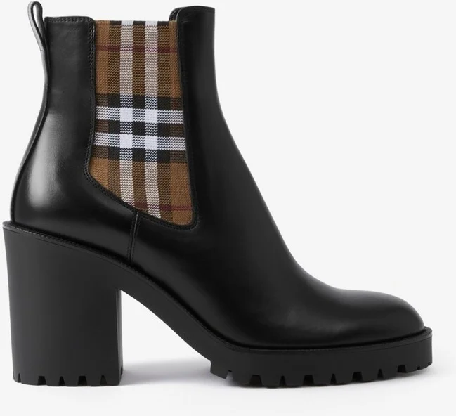 Burberry Check Panel Leather Ankle Boots Size: 35