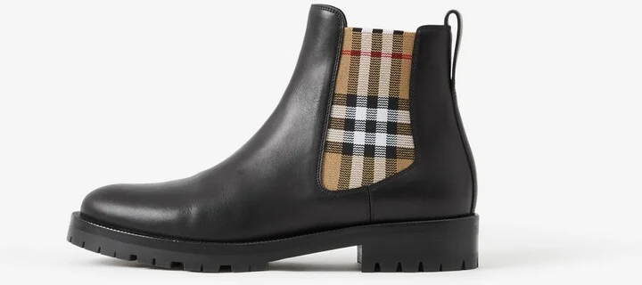 Burberry Check Panel Leather Chelsea Boots Size: 35 - Image 6