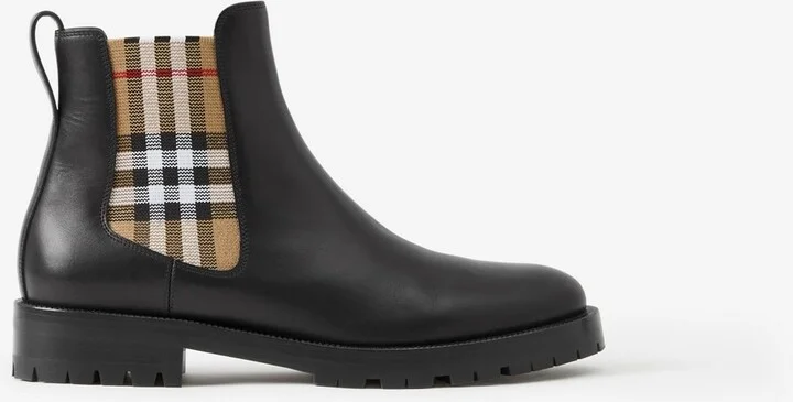 Burberry Check Panel Leather Chelsea Boots Size: 35