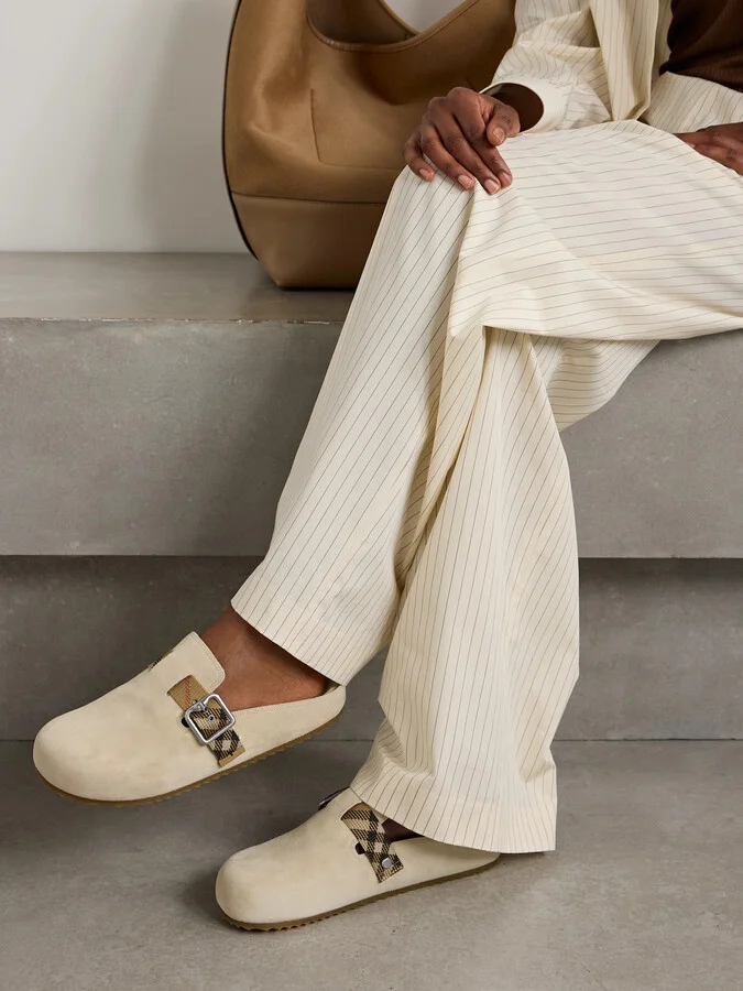 Burberry - Checked Jacquard-trimmed Buckled Suede Clogs - Neutrals - Image 2