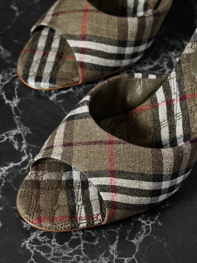 Burberry - Checked Linen Mules - Brown - Image 4