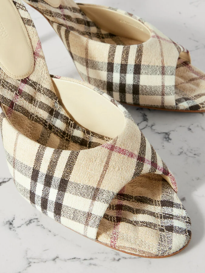 Burberry - Checked Linen Mules - Cream - Image 4