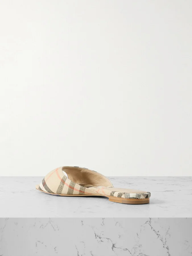 Burberry - Checked Linen Slides - Neutrals - Image 3