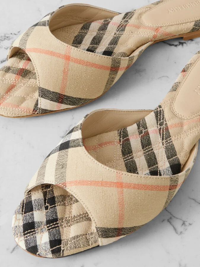 Burberry - Checked Linen Slides - Neutrals - Image 4