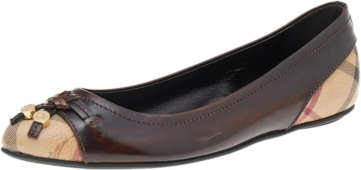 Burberry Dark Brown/Beige Leather And Haymarket Coated Canvas Bow Toe Cap Ballet Flats Size 37.5