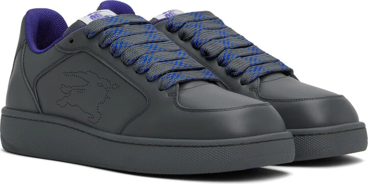 Burberry Gray & Blue Leather Stock Sneakers - Image 4