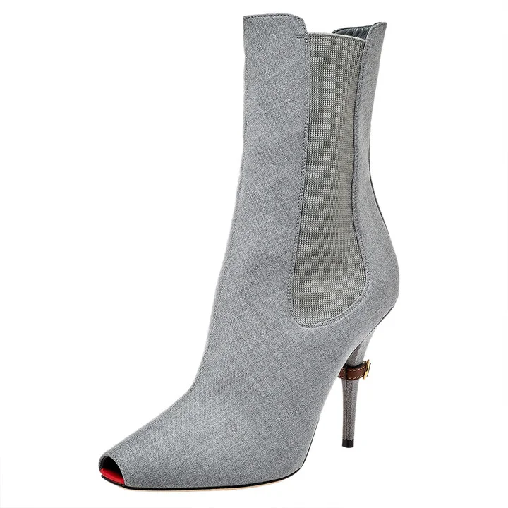 Burberry Grey Canvas And Elastic Fabric Peep Toe Kenzie Ankle Boots Size 39