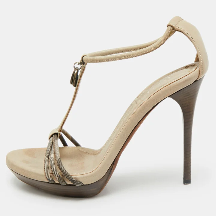 Burberry Grey Leather and Canvas Ankle Strap Sandals Size 38