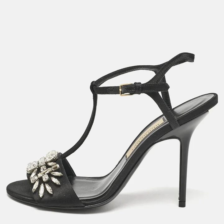 Burberry London Black Satin Pertfield Ankle Strap Sandals Size 38.5