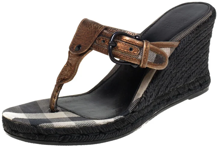 Burberry Metallic Bronze Leather Wedge Espadrille Thong Slide Sandals Size 39
