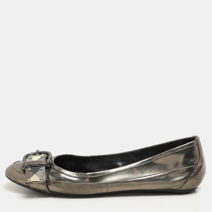 Burberry Metallic Leather and Nova Check Canvas Buckle Detail Ballet Flats Size 39