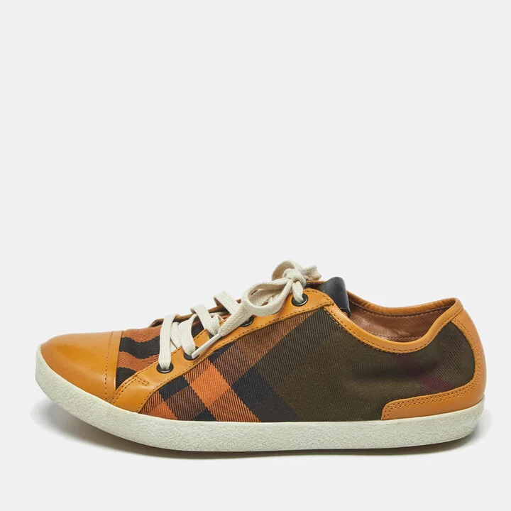 Burberry Orange Check Canvas and Leather Harrowby Sneakers Size 38