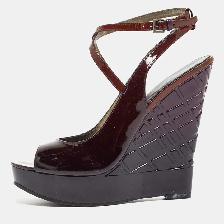 Burberry Purple Patent Leather Platform Wedge Sandals Size 36