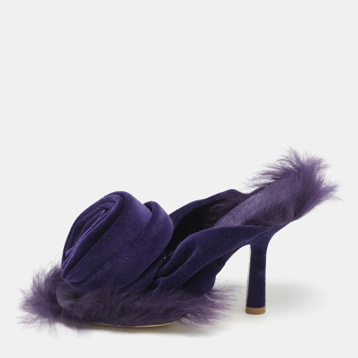 Burberry Purple Velvet and Fur Step Rose Thong Sandals Size 36
