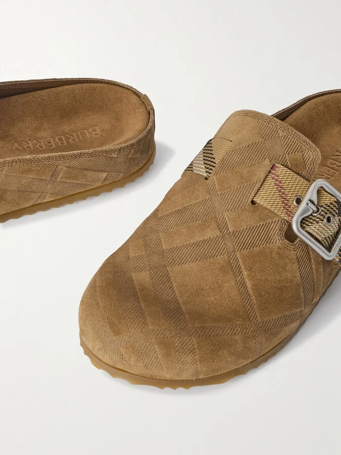 Burberry - Urchin Canvas-jacquard Trimmed Textured-suede Clogs - Neutrals - Image 4
