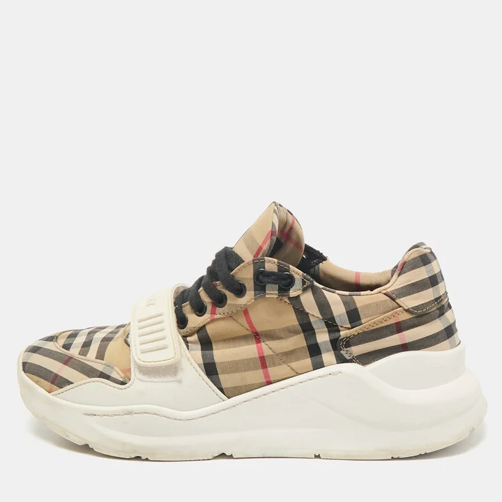 Burberry White/Beige Check Canvas and Rubber Regis Chunky Sneakers Size 41