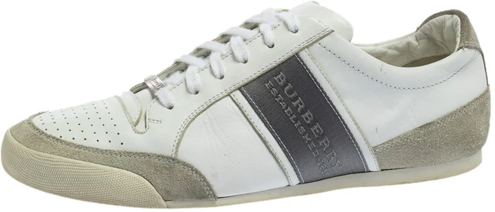 Burberry White/Grey Leather and Suede Lace Up Sneakers Size 42
