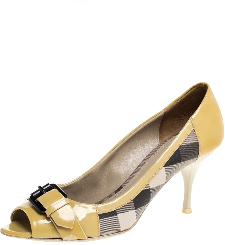 Burberry Yellow/Beige Check PVC and Patent Leather Buckle Peep Toe Pumps Size 38