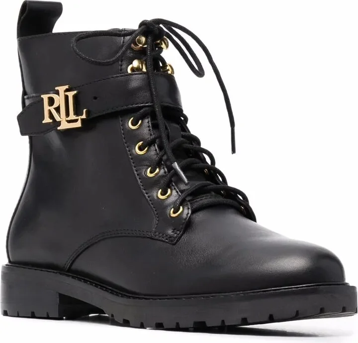 Burnished logo-plaque lace-up leather boots - Image 2