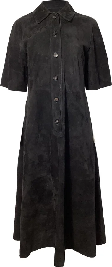 Button Front Midi Dress in Black Suede