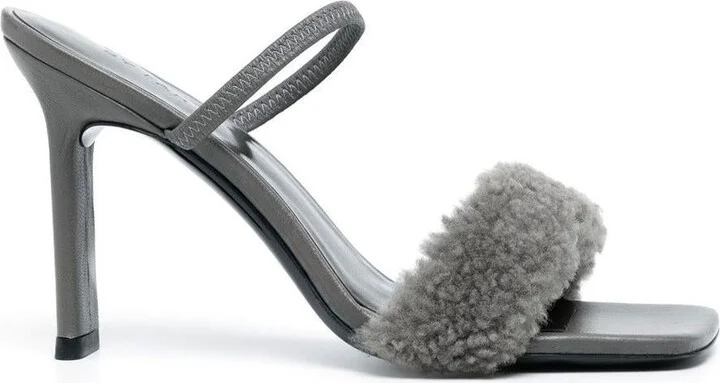 By Far Shearling Strap Open Toe Heels
