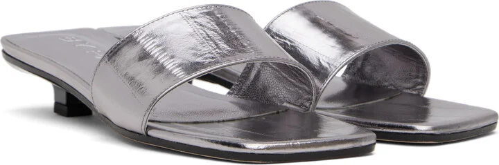 BY FAR Silver Ceni Eel Embossed Metallic Leather Heeled Sandals - Image 4