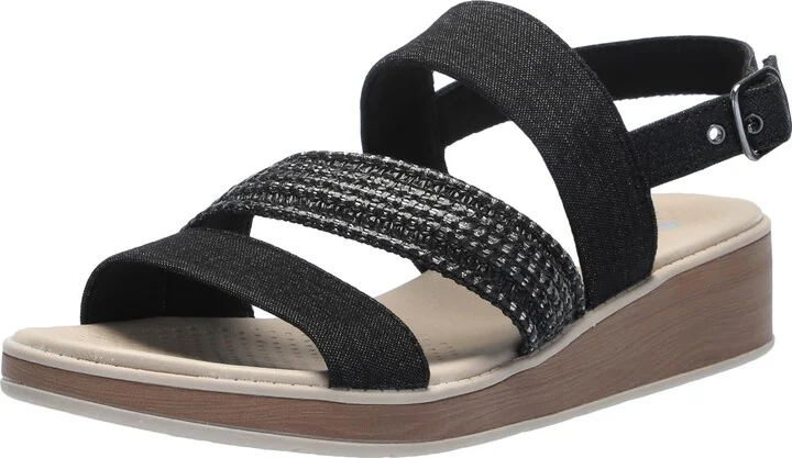 BZees Womens Bravo Casual Strappy Wedge Sandals Black Faux Leather 9.5 W