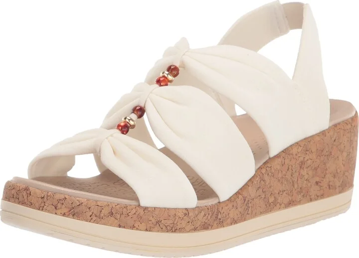 BZees Womens Roma Cork Wedge Beaded Sandal White Denim 11 M
