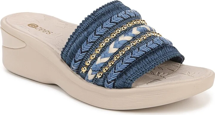 BZees Womens Sunshine Wedge Sandals Elemental Blue Fabric 6.5 W