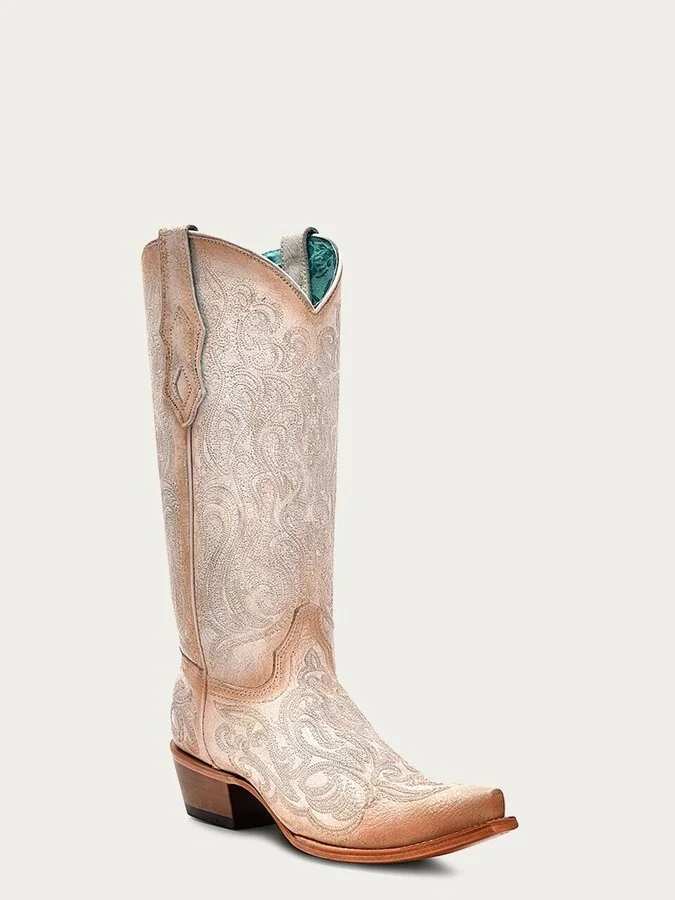 C4143 Western Women 7 White Embroidery Cowhide Snip Toe Boot FZP116 (7,White)