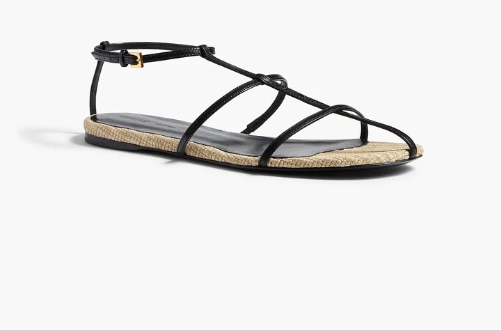 Cage Flat Sandal in Natural Raffia with Black Leather - Image 2