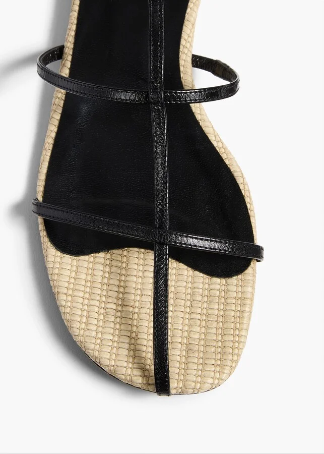 Cage Flat Sandal in Natural Raffia with Black Leather - Image 3