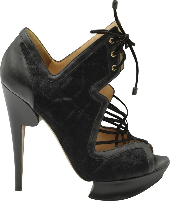 Caged Lace Up Heeled Sandals in Black Pony Hair