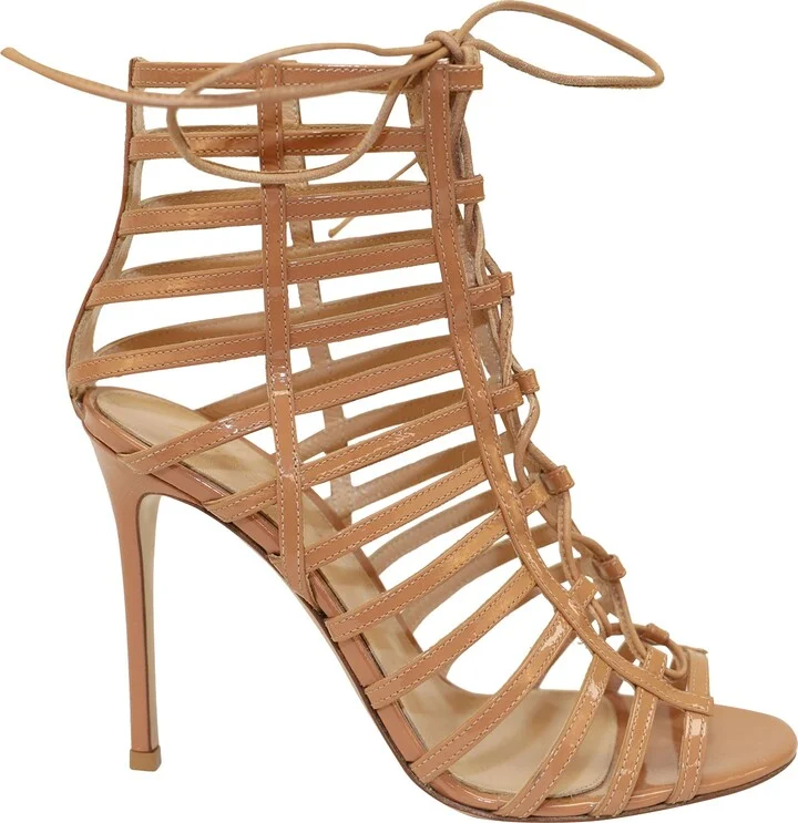 Caged Lace-up Sandals in Nude Patent Leather