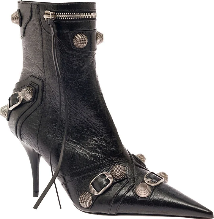 'cagole' Black Pointed Bootie With Studs And Buckles In Leather Woman - Image 2