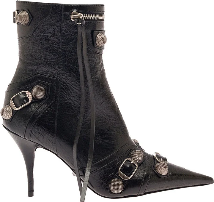 'cagole' Black Pointed Bootie With Studs And Buckles In Leather Woman