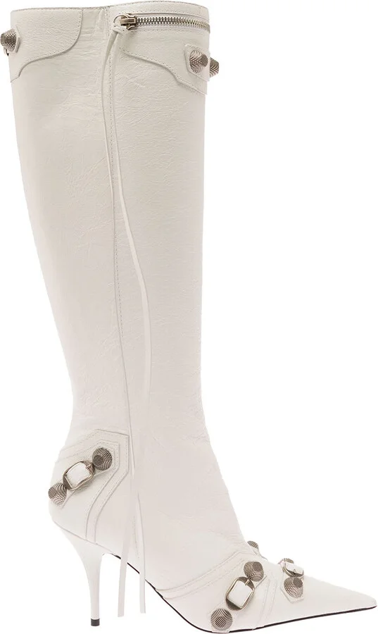 Cagole White Pointed High-boots With Studs And Buckles In Leather Woman