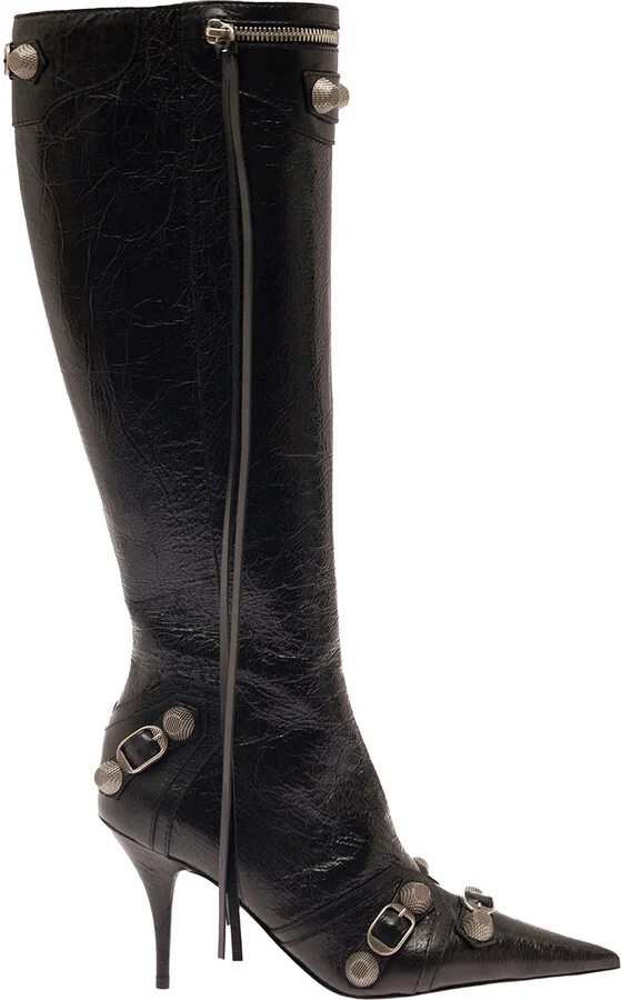 Cagole White Pointed High-boots With Studs And Buckles In Leather Woman