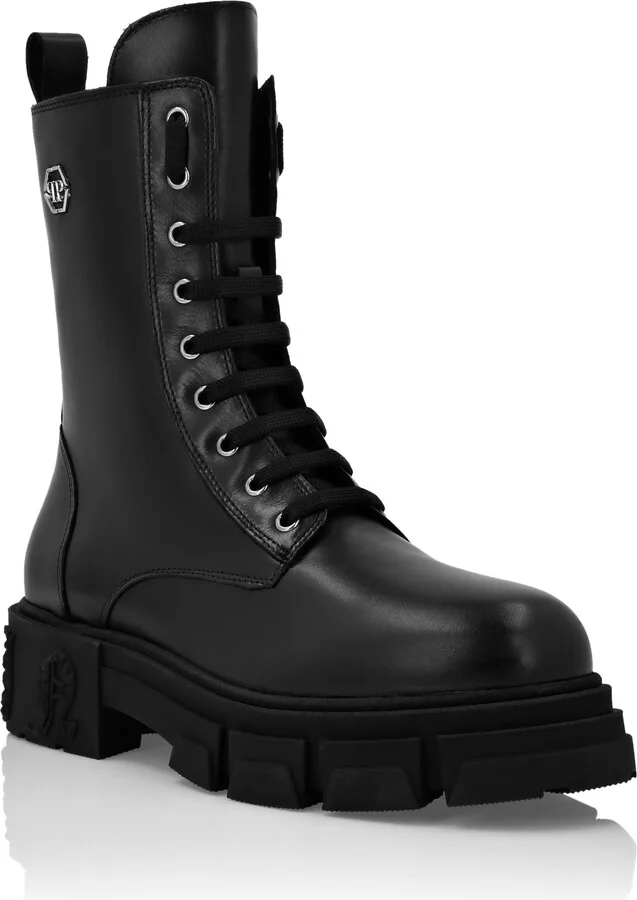 Calf Skin Leather Boots Mid Flat Hexagon
