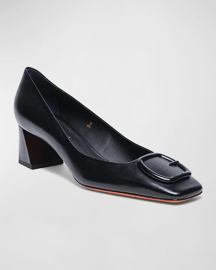 Calfskin Buckle Block-Heel Pumps - Image 8