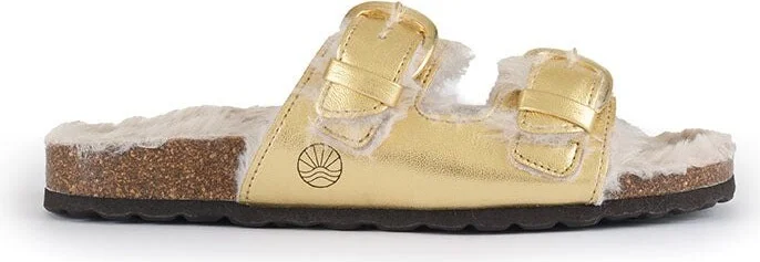 Calin - Vegan Metallic Strap Sandal Slider - Metallic Gold