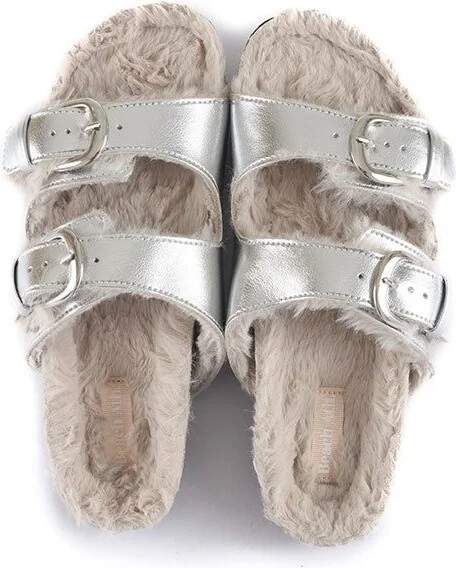 Calin - Vegan Metallic Strap Sandal Slider - Metallic Silver - Image 2