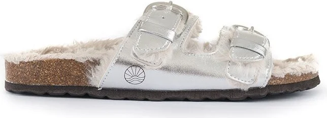 Calin - Vegan Metallic Strap Sandal Slider - Metallic Silver